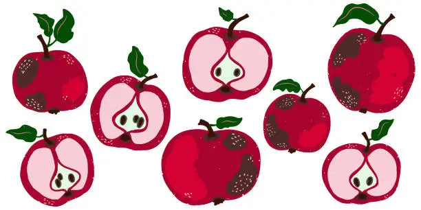 Vector illustration of Set of red apples, texture, chalk, cartoon style. Vector collection.