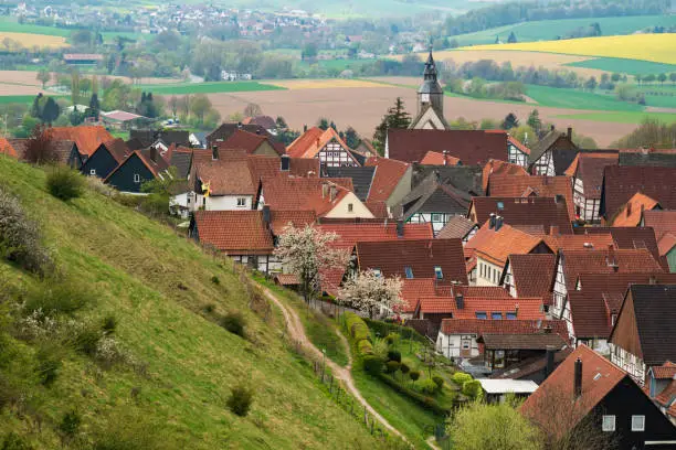 Elevated view of the town of Schwalenberg with its picturesque half-timbered houses, seen from the castle hill, Teutoburg Forest, Germany