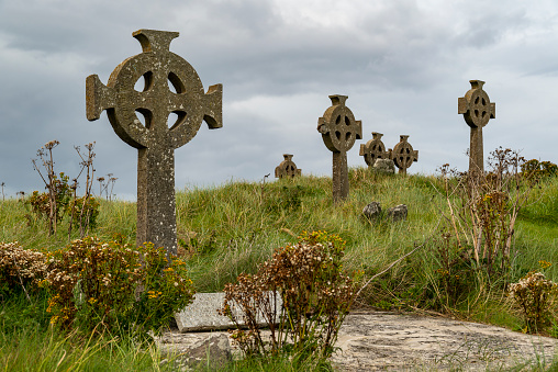 Gravestones at Cross Abbey graveyard, Mullet Peninsula, County Mayo, Ireland