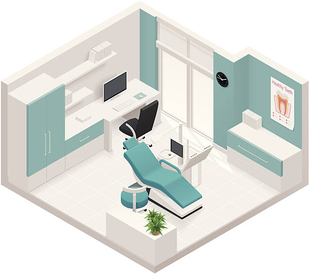 제품의 등각투영 치아용 클리닉 아이콘크기 - office isometric built structure portion stock illustrations