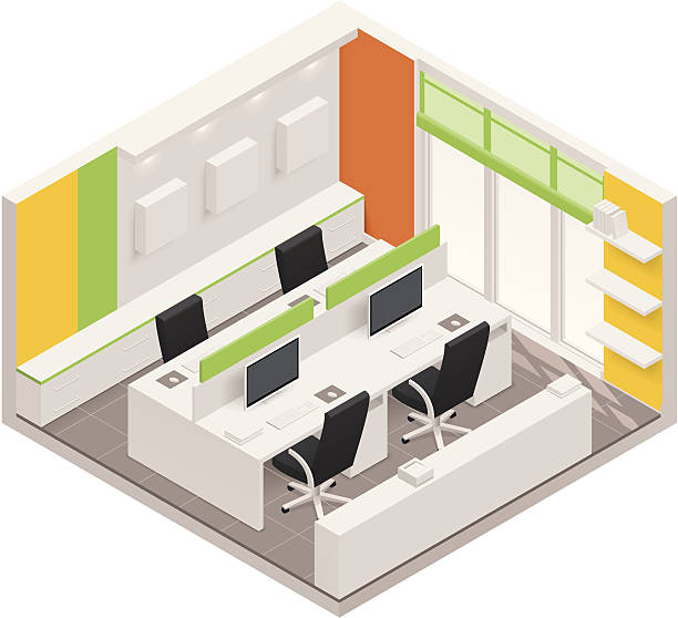 ilustrações de stock, clip art, desenhos animados e ícones de minibarra de ferramentas sala de escritório ícone - office isometric built structure portion