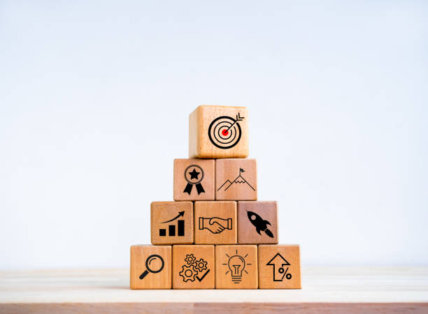 istock Business startup with growth success process for leadership concept. Business target plan and successful strategy icon symbols on wooden cube blocks arranged as pyramid shape on white background. 1814817966