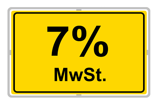 German yellow sign and value-added tax 7 %  MWST isolated on white background