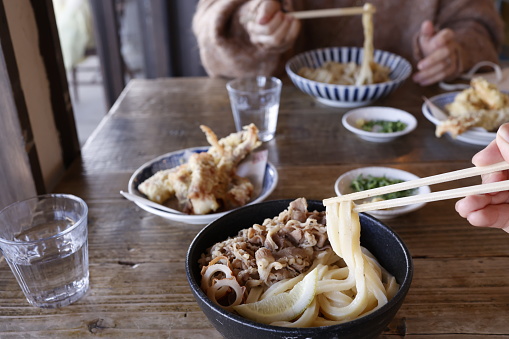 Sanuki udon. Japanese dish known as meat bukkake udon.