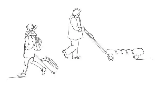 Vector illustration of Porter with empty 3 wheel baggage cart and woman with backpack and suitcase going in opposite directions. Travel in winter season. Continuous line drawing. Vector illustration in line art style.