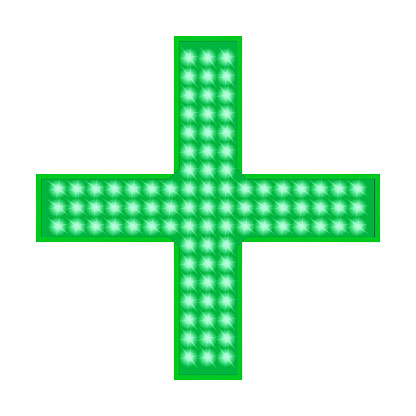 Green medical cross sign realistic vector illustration. Pharmacy LED signage. Plus board. Template for design