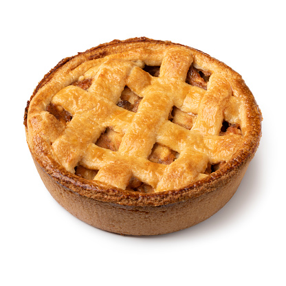 Single fresh baked apple pie close up isolated on white background