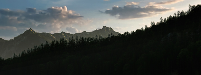 Ridge of forested mountains at sunrise.