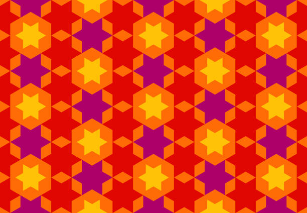 Seamless Six-pointed Star Pattern Vibrant Tones Seamless hexagon geometric pattern. Six-pointed star abstract background, colorful tones. Texture design for tile, cover, poster, flyer, banner, wall, backdrop, textile. Vector illustration. background of star of david wallpaper stock illustrations