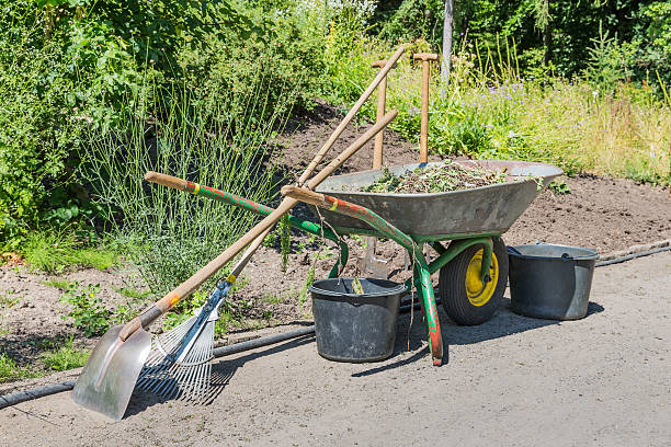 Wheelbarrow with gardening tools Wheelbarrow with gardening tools trowel gardening shovel gardening equipment stock pictures, royalty-free photos & images