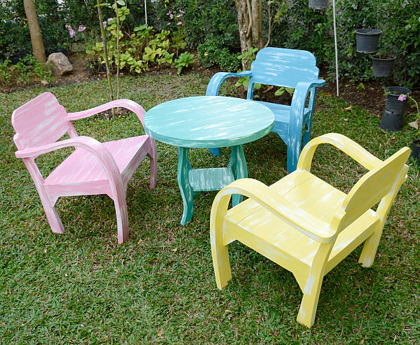 istock The three wood chairs with armrest and green round table 181485125