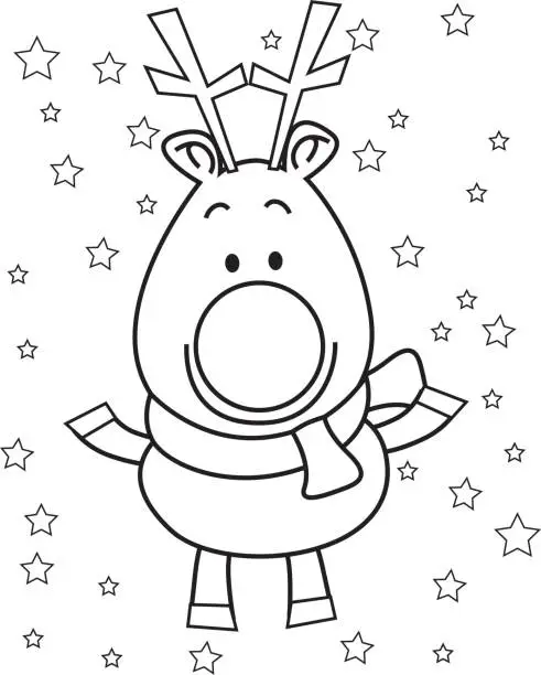 Vector illustration of A black and white drawing of a reindeer surrounded by stars. The reindeer has a peaceful expression on its face.