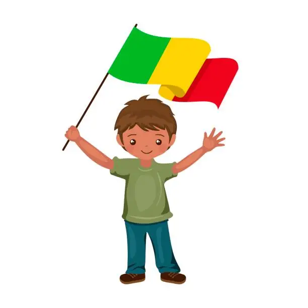 Vector illustration of Boy with the flag of Mali, a beautiful little child holds the flag of Mali in his hand in flat style. vector illustration