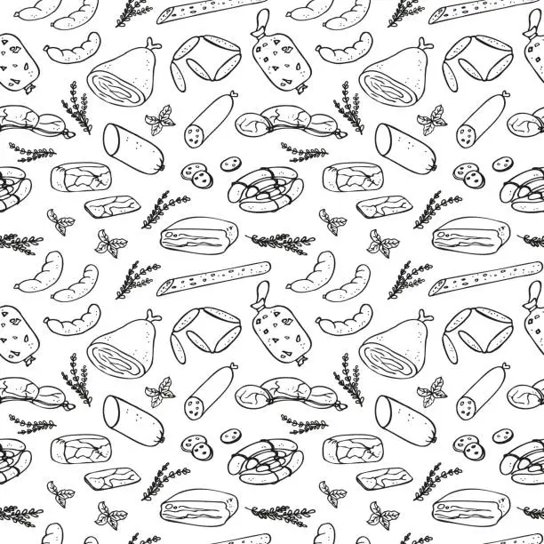 Vector illustration of Smoked meat sausages seamless pattern hand drawn vector illustration.Different kind sausages products repeating background with bacon, sausages, pastrami, salami. Tasty meal, delicious snacks butchery