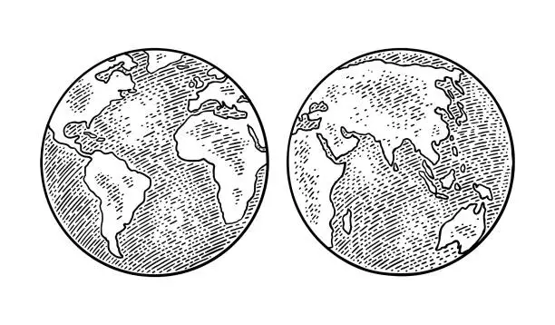 Vector illustration of Earth planet globe. Vector black vintage engraving illustration