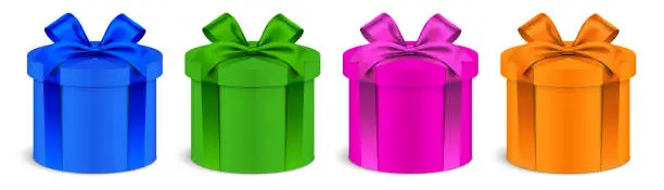 Vector illustration of Colorful giftbox vector set. Round shape gift boxes with colorful ribbons, isolated on background.