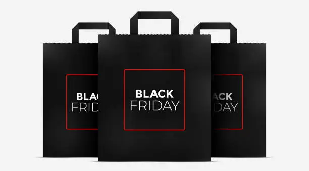 Vector illustration of Bunch of Black Friday shopping paper gift bags vector illustration, isolated on a white background