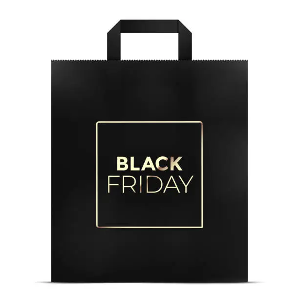 Vector illustration of Black Friday paper gift bag vector illustration, with golden print isolated on a white background