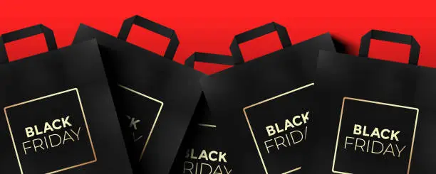 Vector illustration of Bunch of Black Friday gift shopping bags on the red background, vector banner design