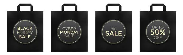 Vector illustration of Black Friday and Cyber Monday shopping paper bags vector set, isolated on a white background.