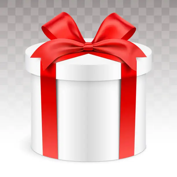 Vector illustration of Round shape gift box wrapped with red ribbon, isolated on transparent background vector illustration