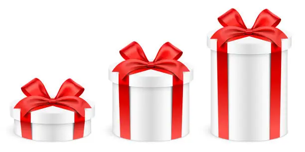 Vector illustration of Different height round shape white gift boxes wrapped with red ribbons, vector illustration.