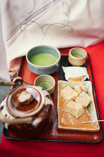 Close-up hot Matcha and Mochi serve in traditional japanese style