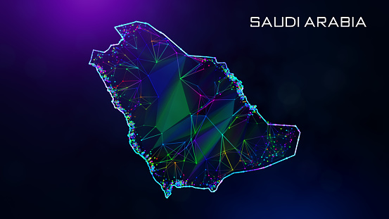 Futuristic Sweet Saudi Arabia Map Polygonal Blue Purple Colorful Connected Lines And Dots Wireframe Network With Text On Hazy Flare Bokeh Background