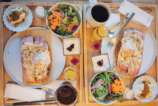 Fusion food Japanese breakfast set serve on plate in japan