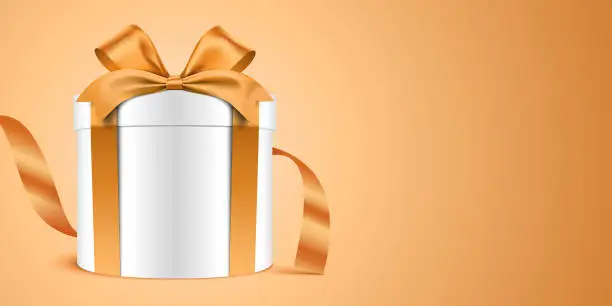 Vector illustration of Round white gift box with golden ribbon on the horizontal golden background. Holiday vector banner.