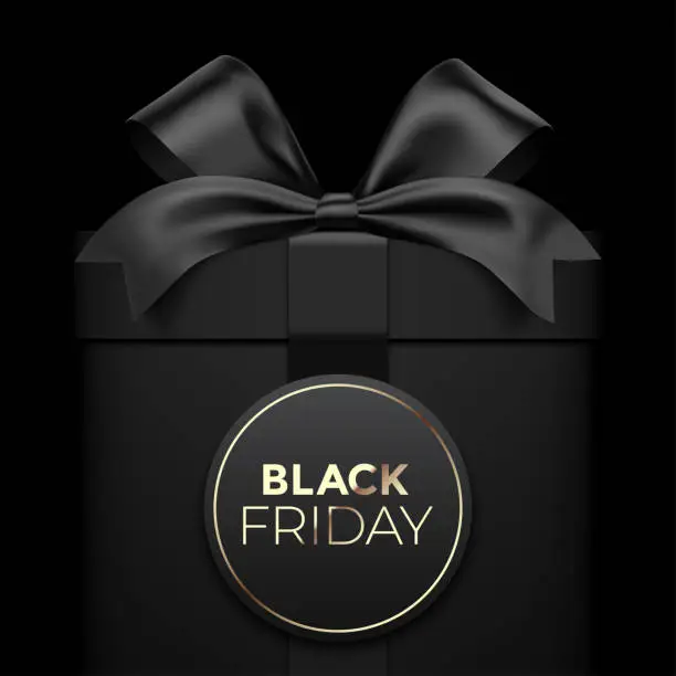Vector illustration of Black Friday gift banner vector design with a premium style black gift box with ribbon and round tag