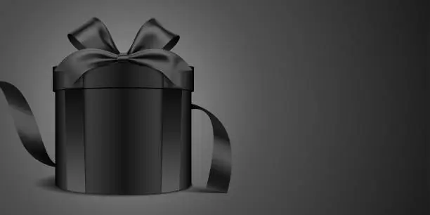 Vector illustration of Round black gift box with ribbon on the horizontal black background. Premium gift vector banner.