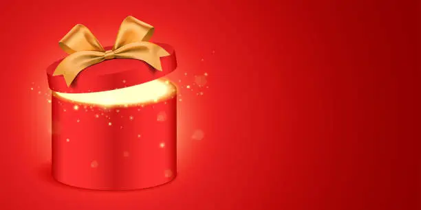 Vector illustration of Red round gift box with golden ribbon and shining glitter light. Holiday surprise gift vector banner