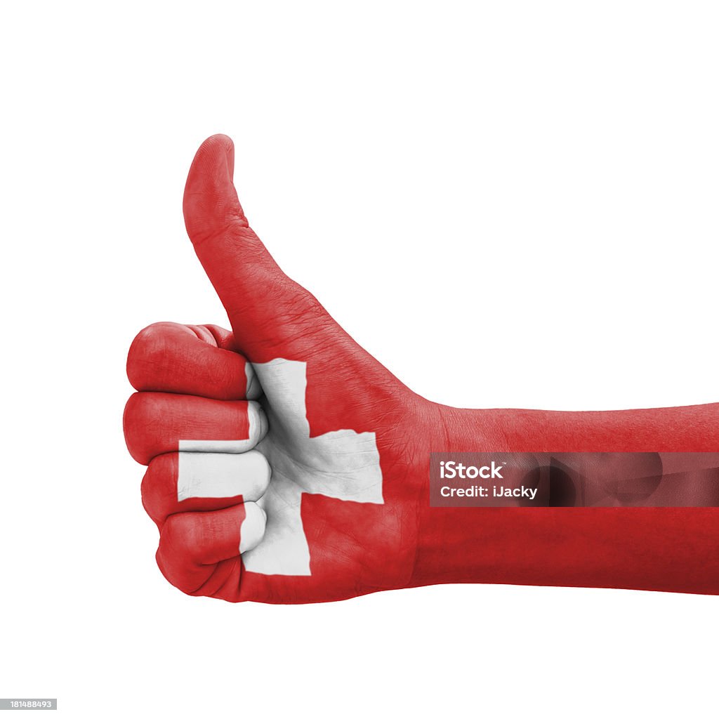 Hand with thumb up, Switzerland flag painted Hand with thumb up, Switzerland flag painted as symbol of excellence, achievement, good - isolated on white background Achievement Stock Photo