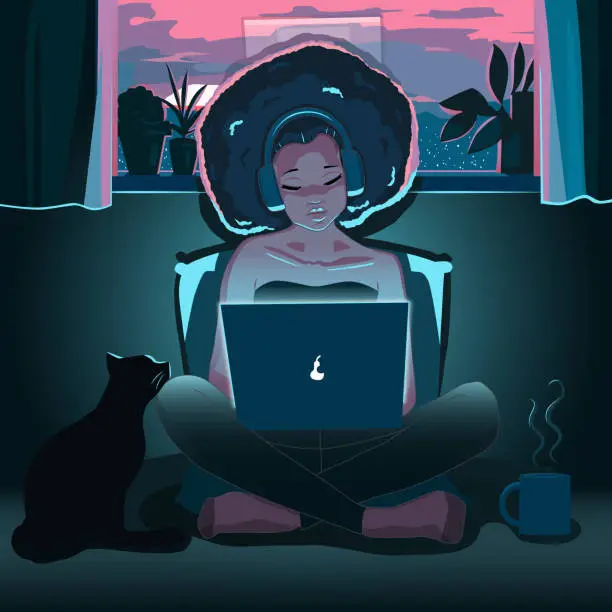 Vector illustration of Young black woman smiling while using the computer with her cat and coffee at night