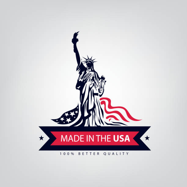 A sample illustration for Made in USA with the Lady Liberty Made in USA, American ribbon, Flag, (Vector) statue of liberty replica stock illustrations