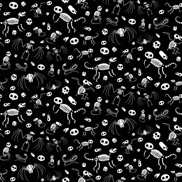 Vector illustration of Halloween Skeletons Black White Seamless Pattern