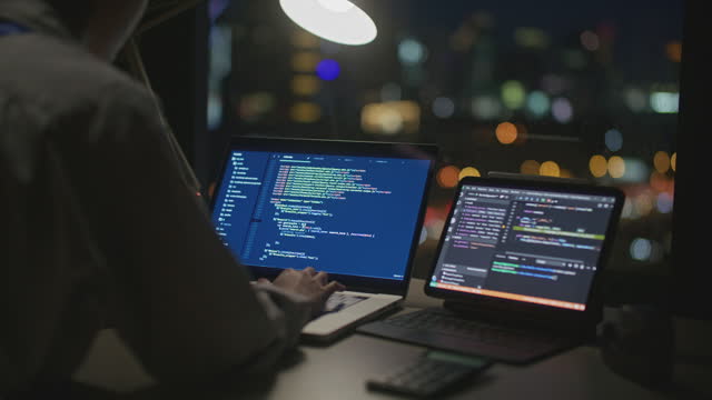 Developer improve code sequence workflow on computer for better performance at night