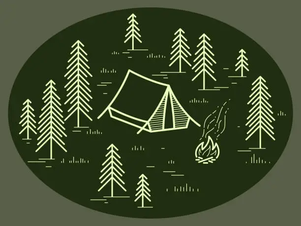 Vector illustration of Camping tent in pine forest vector linear illustration on dark, holidays and vacations in woods theme line art drawing, design wanderlust.