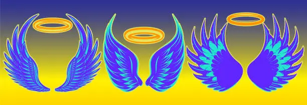 Vector illustration of Set of colored angel wings with nimbus. Vector color illustration. A set of templates for design