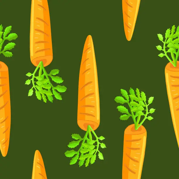 Vector illustration of Bright orange carrot on a bright green background. Seamless pattern. Vegetables, fruits, vitamins and minerals. Packaging and print on fabric and tablecloth. Vector graphics.