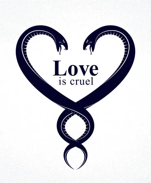 Vector illustration of Quarrels in relations concept, two Snakes in a shape of heart, love is cruel, lovers couple arguing, vector logo emblem or tattoo in vintage classic style.