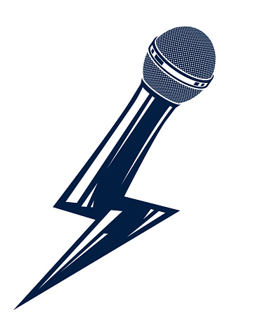 Microphone in a shape of lightning, mic like a bolt, breaking news concept, rap battle rhymes music, karaoke singing or standup comedy, vector logo or illustration.