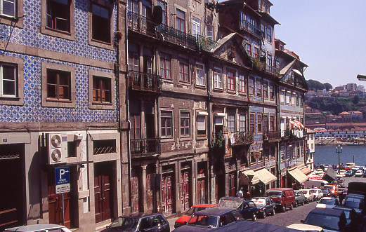 Porto, Portugal - aug 5, 1993: view of the characteristic old colorful houses in the historic Ribeira district, in Porto, Portugal