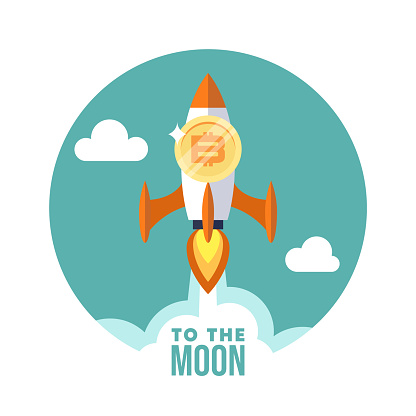 Bitcoin, to the moon. Flat rocket icon. Startup