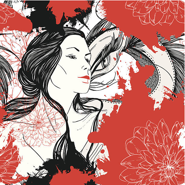 istock girl, grunge background, flower and dragon - surrealistic seamless pattern 181492505