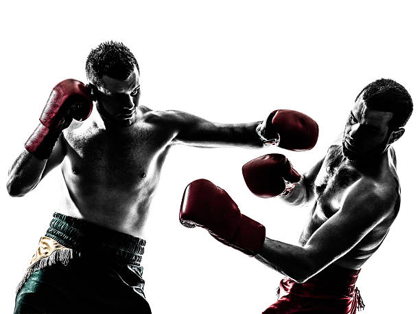 Two men Thai boxing, one punching two caucasian men exercising thai boxing in silhouette studio on white background boxing sport photos stock pictures, royalty-free photos & images