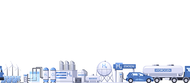 Seamless Pattern Featuring Hydrogen Production Equipment, Creating Vibrant Design Representing The Process Of Hydrogen Production In A Clean And Sustainable Manner. Vector Horizontal Border, Wallpaper