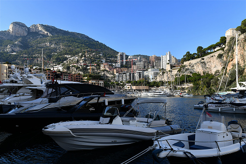 Aerial photograph of Bonifacio port in South of Corsica. Harbour. Limestone cliffs. Fortress.