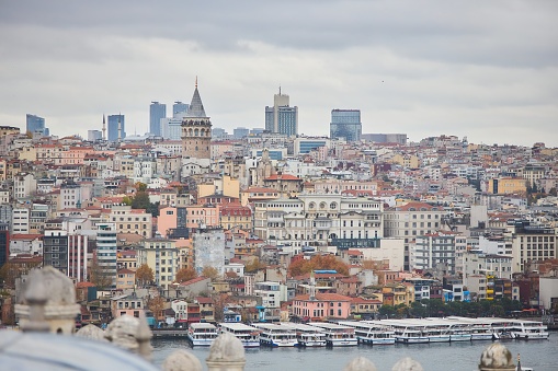 Istanbul, Turkey - November 25, 2021: Beyoglu district from the Golden Horn Bay.